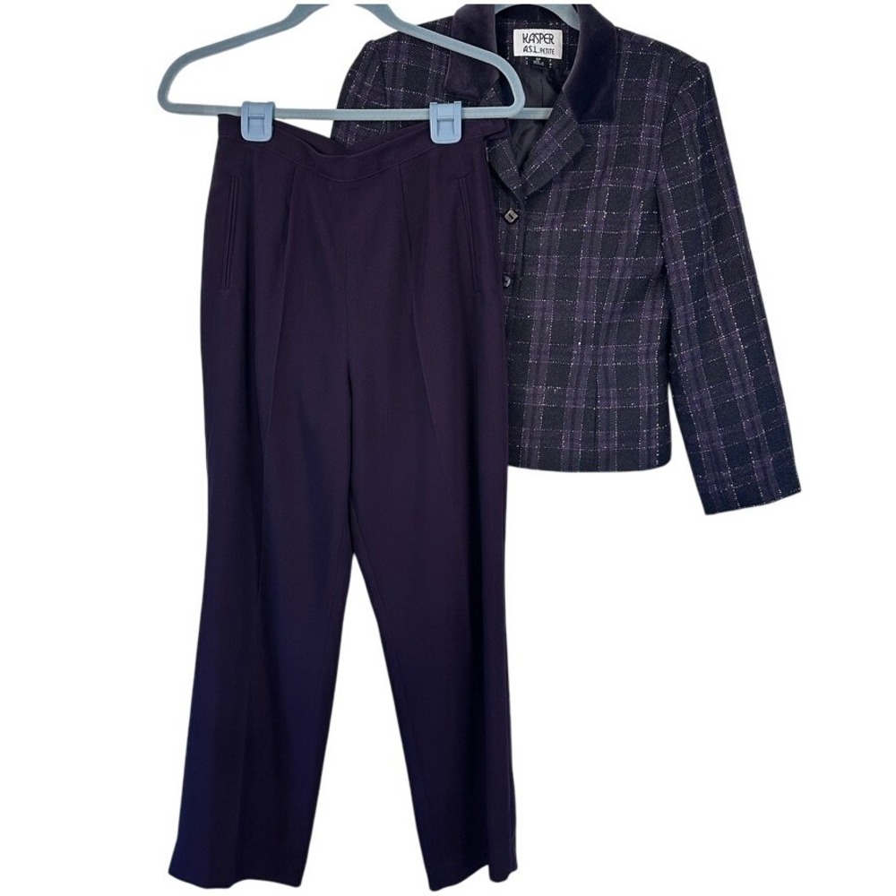 Kasper A S L Petite Women's Blazer Pants Suit Set Purple Plaid Sparkle thread 6P